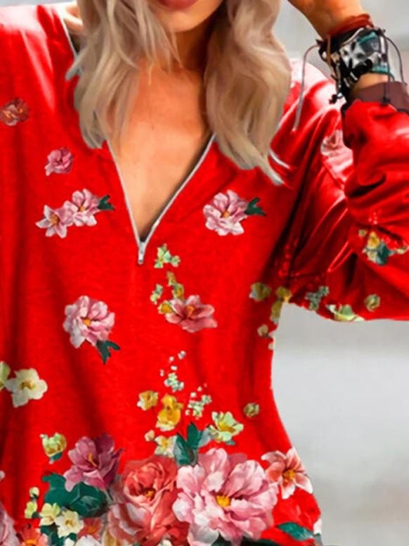 Floral Print Zipper V-neck Long Sleeve Blouse