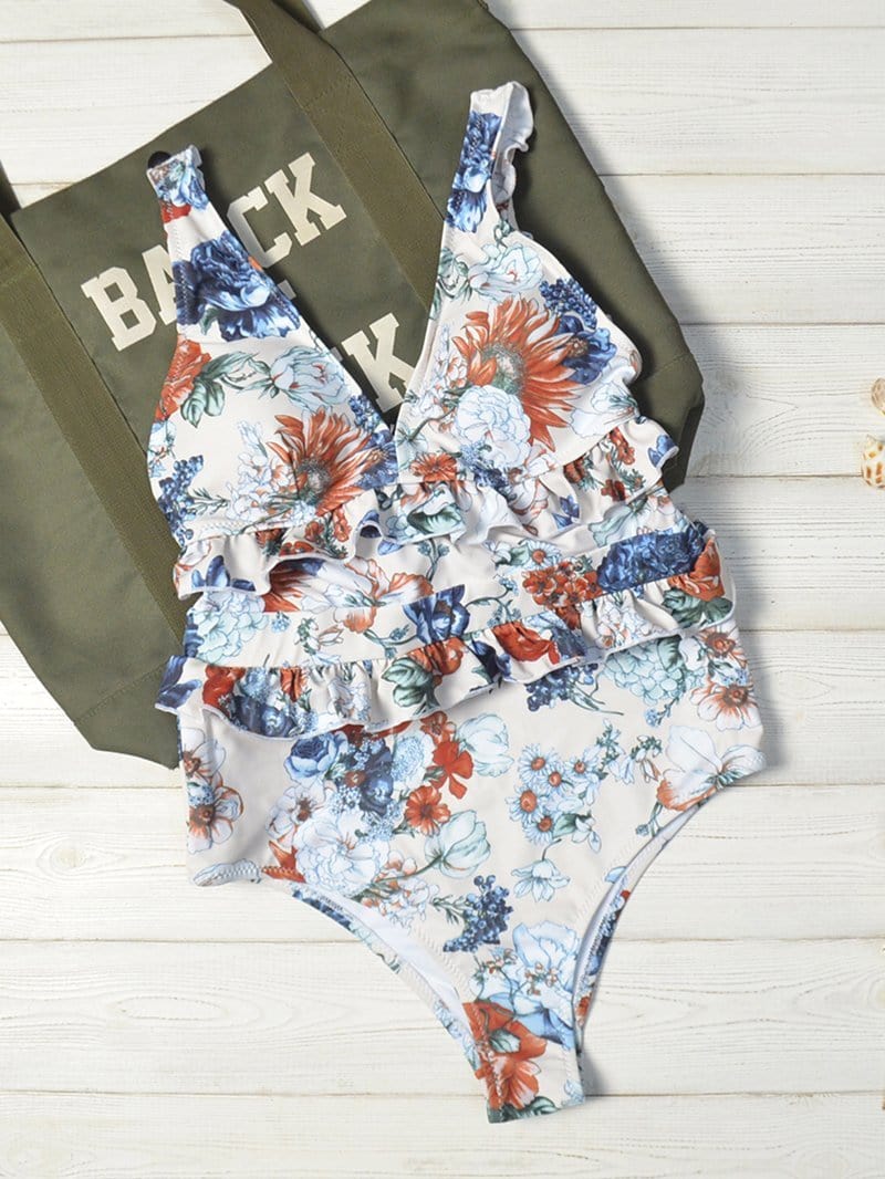 Floral Printed Backless Ruffle One-piece Swimsuit