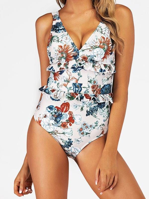 Floral Printed Backless Ruffle One-piece Swimsuit SWI210406130WHIS White / S