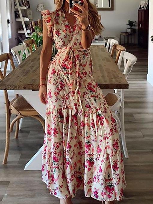 Floral Printed Bandage Maxi Dress DRE2106150454REDS Red / S