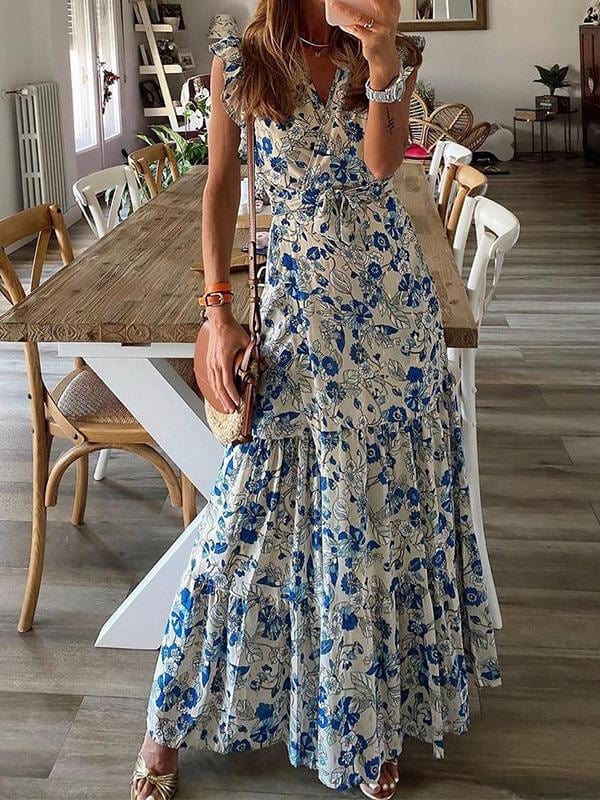 Floral Printed Bandage Maxi Dress DRE2106150454BLUS Blue / S