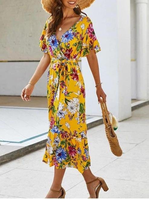 Floral Printed Belted Surplice Dress DRE210305560YELS Yellow / S