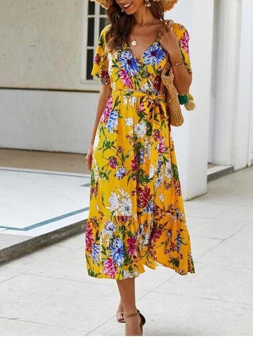 Floral Printed Belted Surplice Dress for Women