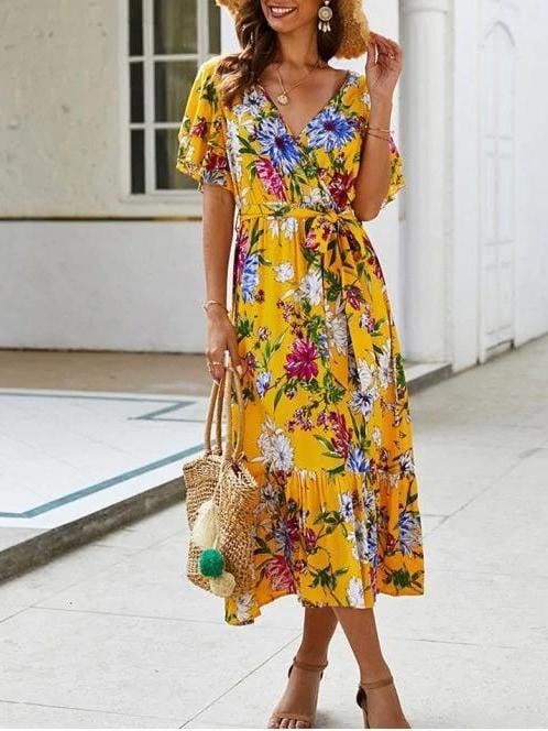 Floral Printed Belted Surplice Dress for Women