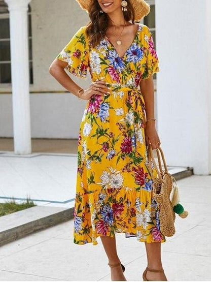 Floral Printed Belted Surplice Dress for Women