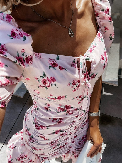 Floral Printed Short Puff Sleeve Dress