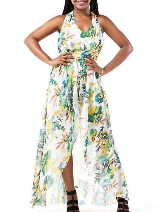 Floral Printed Sling Deep V Neck Backless Maxi Dress DRE2105201030GRES Green / S