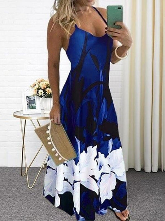 Floral Printed Sling Scoop Neck  A-line Maxi Dress DRE2105201029DARKBLUES Dark Blue / S
