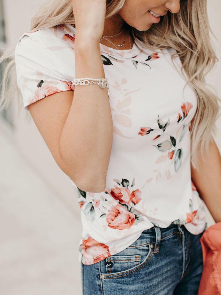 Floral Printed Stretchless Short Sleeve T-Shirt