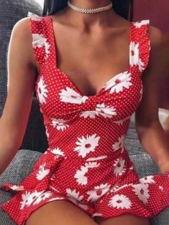 Floral Printed Suspender Dress DRE2106170547REDS Red / S