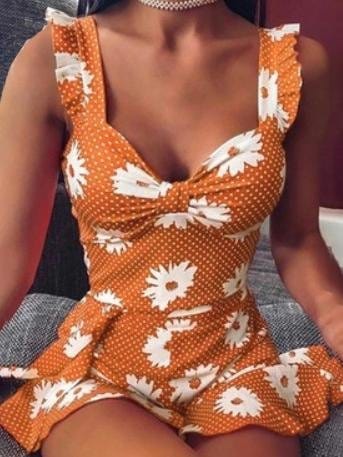Floral Printed Suspender Dress DRE2106170547ORAS Orange / S