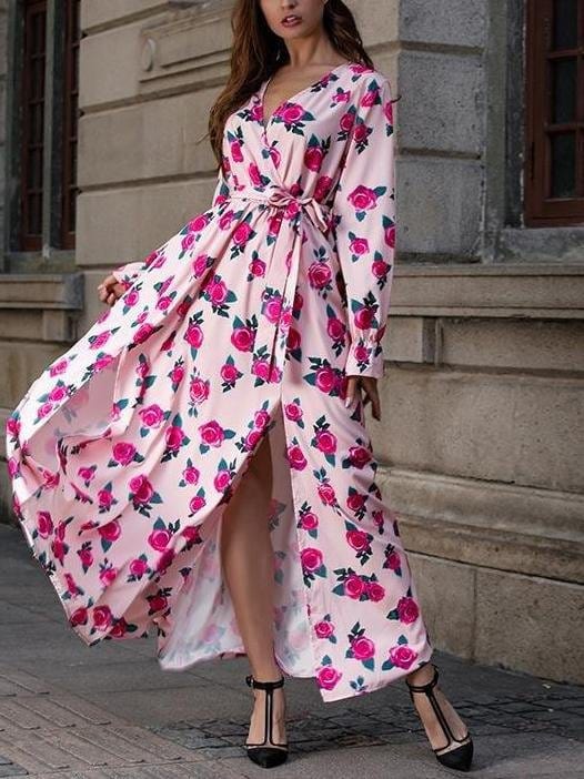 Floral Printed V Neck Long Sleeve Split Hem Maxi Dress DRE2105201028PINL Pink / L