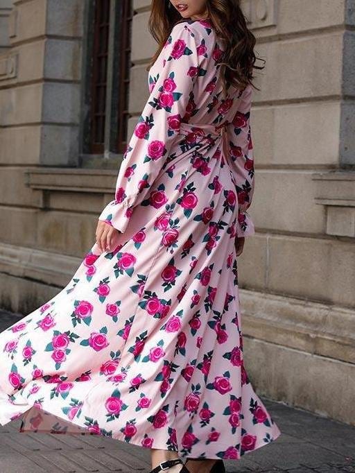 Floral Printed V Neck Long Sleeve Split Hem Maxi Dress