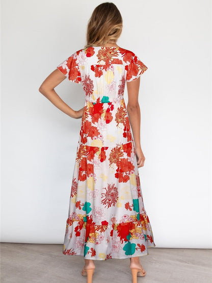Floral Printed  V Neck Short Sleeve Ruffle Hem Maxi Dress