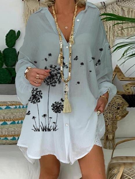 Floral Printing Long-sleeved Shirt Dress DRE2107091821GRAM Gray / M