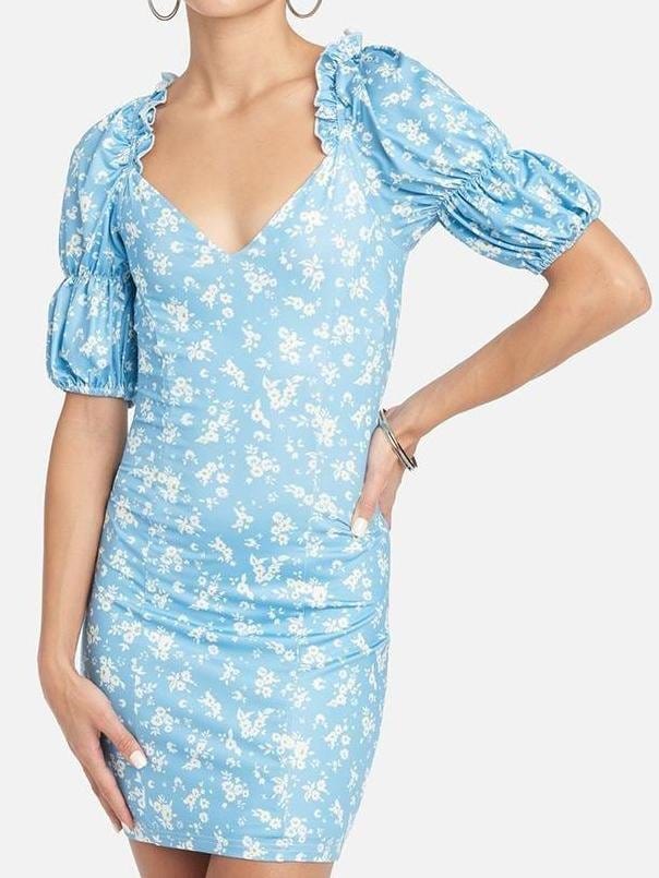 Floral Puff Sleeve Wrap Hem Plunge Neck Dress for Women