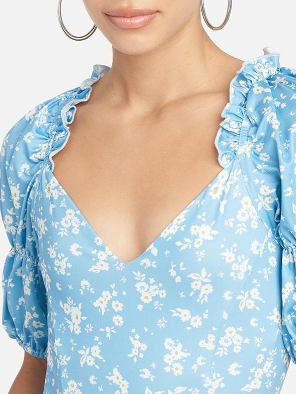 Floral Puff Sleeve Wrap Hem Plunge Neck Dress for Women