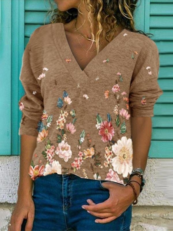 Floral Pullover Print Long Sleeve T-Shirt TSH210412364COFS Brown / S