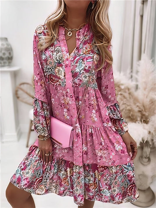 Floral Ruffle Smocked Print V Neck Casual Flare Cuff Sleeve Mini Dress cc4DRE2307260350PINS Pink / 2(S)
