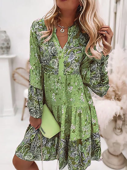 Floral Ruffle Smocked Print V Neck Casual Flare Cuff Sleeve Mini Dress cc4DRE2307260350GRES Green / 2(S)