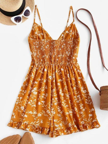 Floral Ruffle Smocked Wide Leg Cami Romper