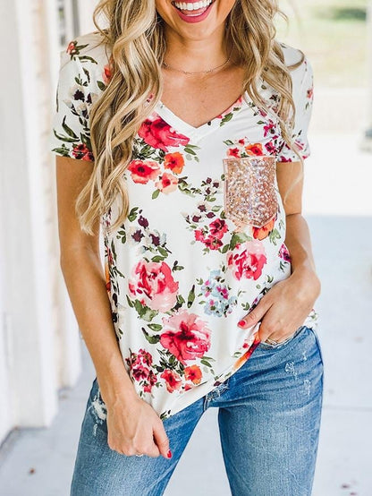 Floral Sequins Pocket V-neck T-shirt