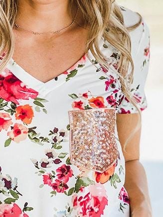 Floral Sequins Pocket V-neck T-shirt