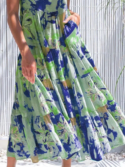 Floral Short Sleeve Round Neck Stitching High Waist Dress