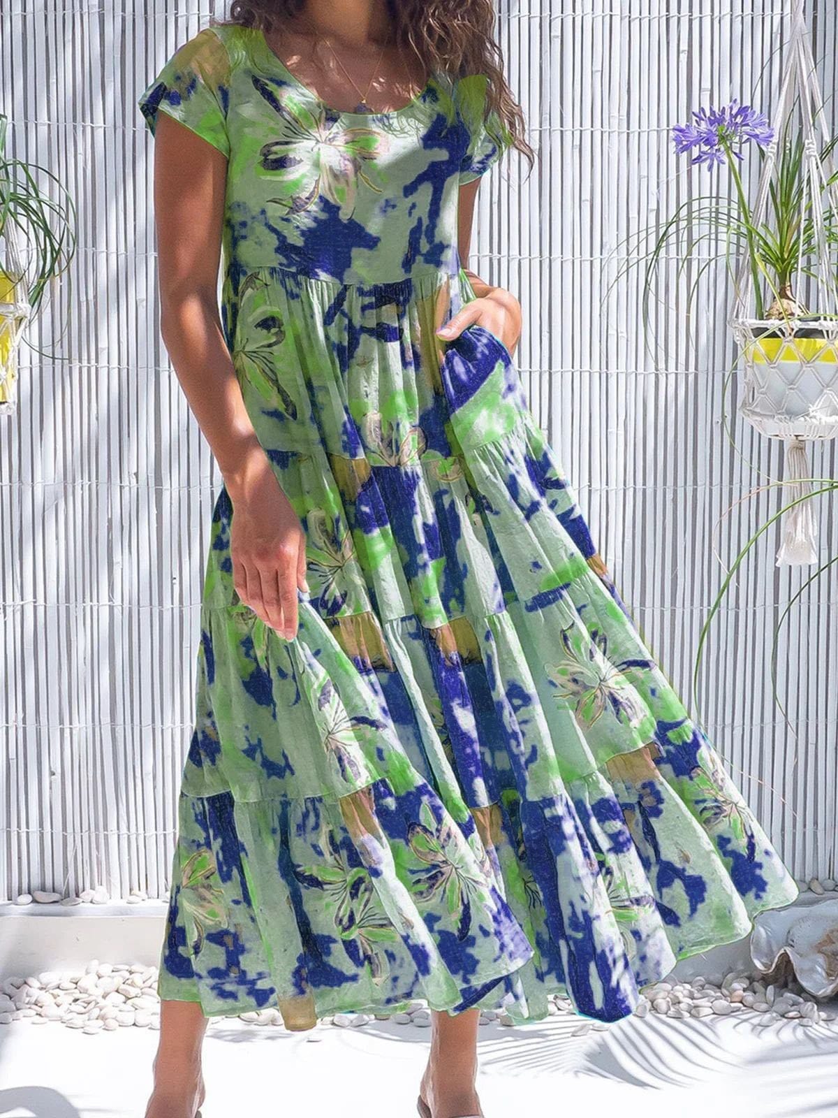 Floral Short Sleeve Round Neck Stitching High Waist Dress DRE2106050054GRES Green / S