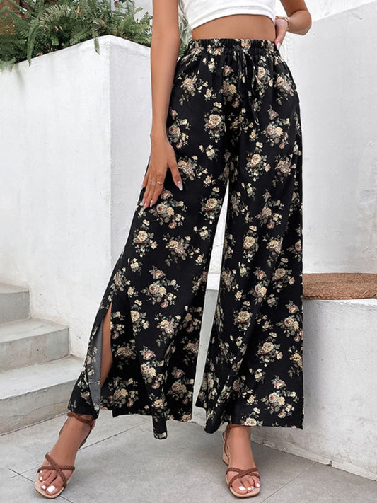 Floral Side Slit Wide Leg Pants MS231013003674FS Black / S