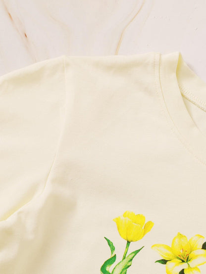 Floral & Slogan Graphic Lettuce Trim Tee