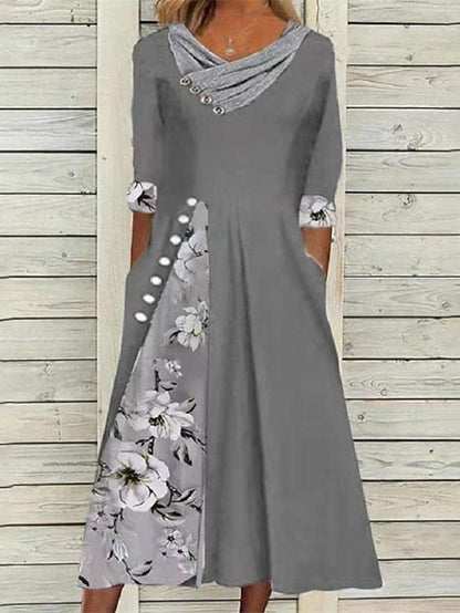 Floral Split Print Stylish Casual V Neck Midi Dress Dress24JUL1101296SizeS Gray / S