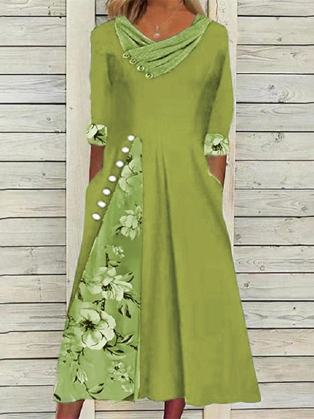 Floral Split Print Stylish Casual V Neck Midi Dress Dress24JUL1101301SizeS Green / S