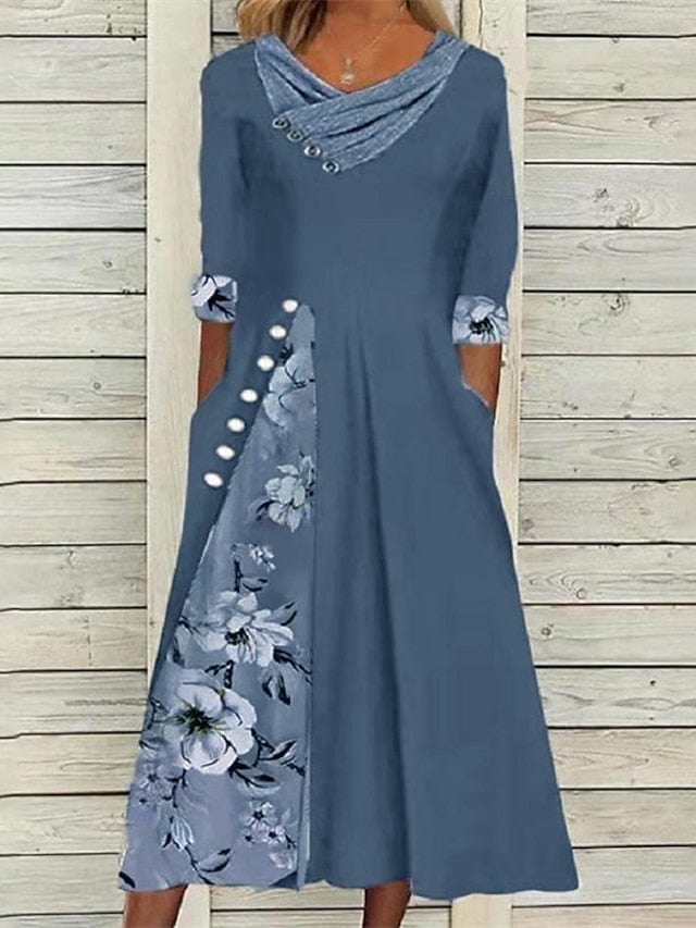 Floral Split Print Stylish Casual V Neck Midi Dress Dress24JUL1101306SizeS Blue / S