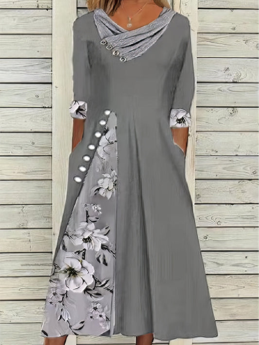 Floral Split Print Stylish Casual V Neck Midi Dress DRE2307260342GRYS Gray / 2(S)