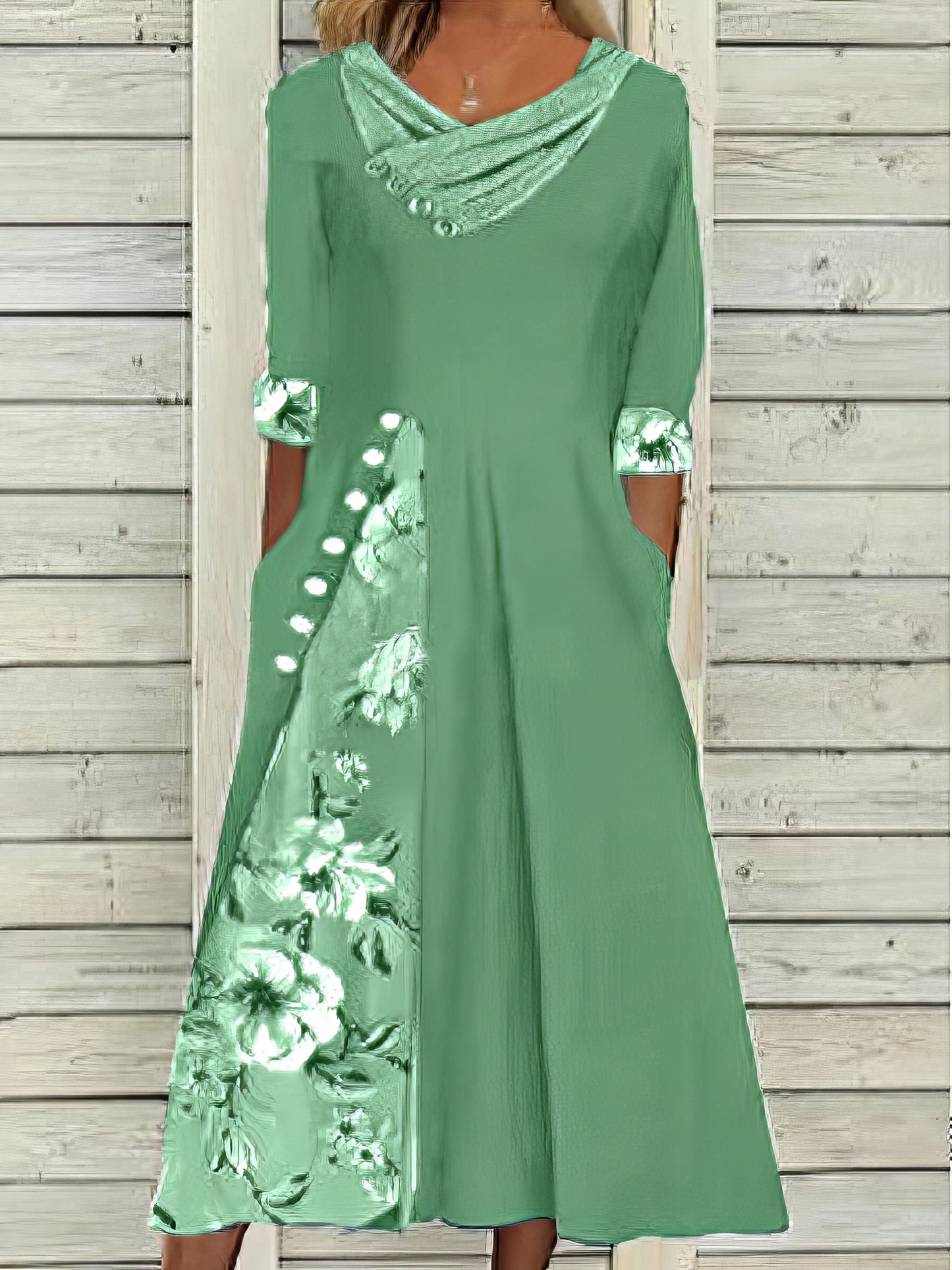 Floral Split Print Stylish Casual V Neck Midi Dress DRE2307260342GRES Green / 2(S)