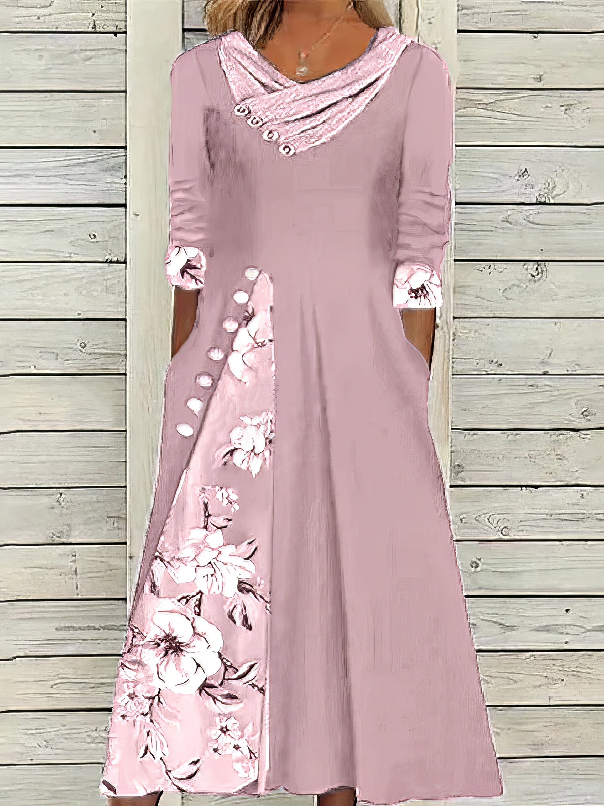 Floral Split Print Stylish Casual V Neck Midi Dress DRE2307260342PINS Pink / 2(S)