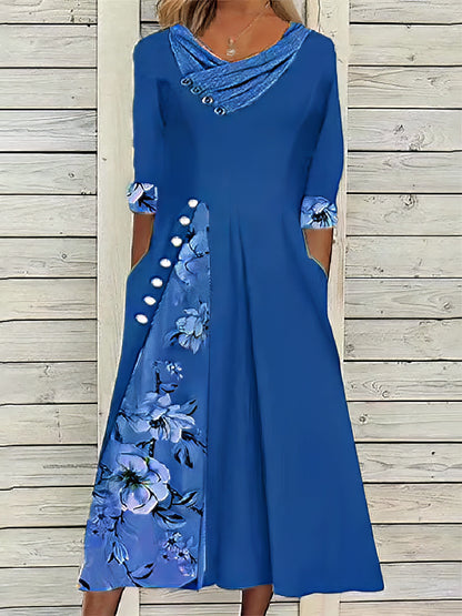 Floral Split Print Stylish Casual V Neck Midi Dress DRE2307260342BLUS Blue / 2(S)