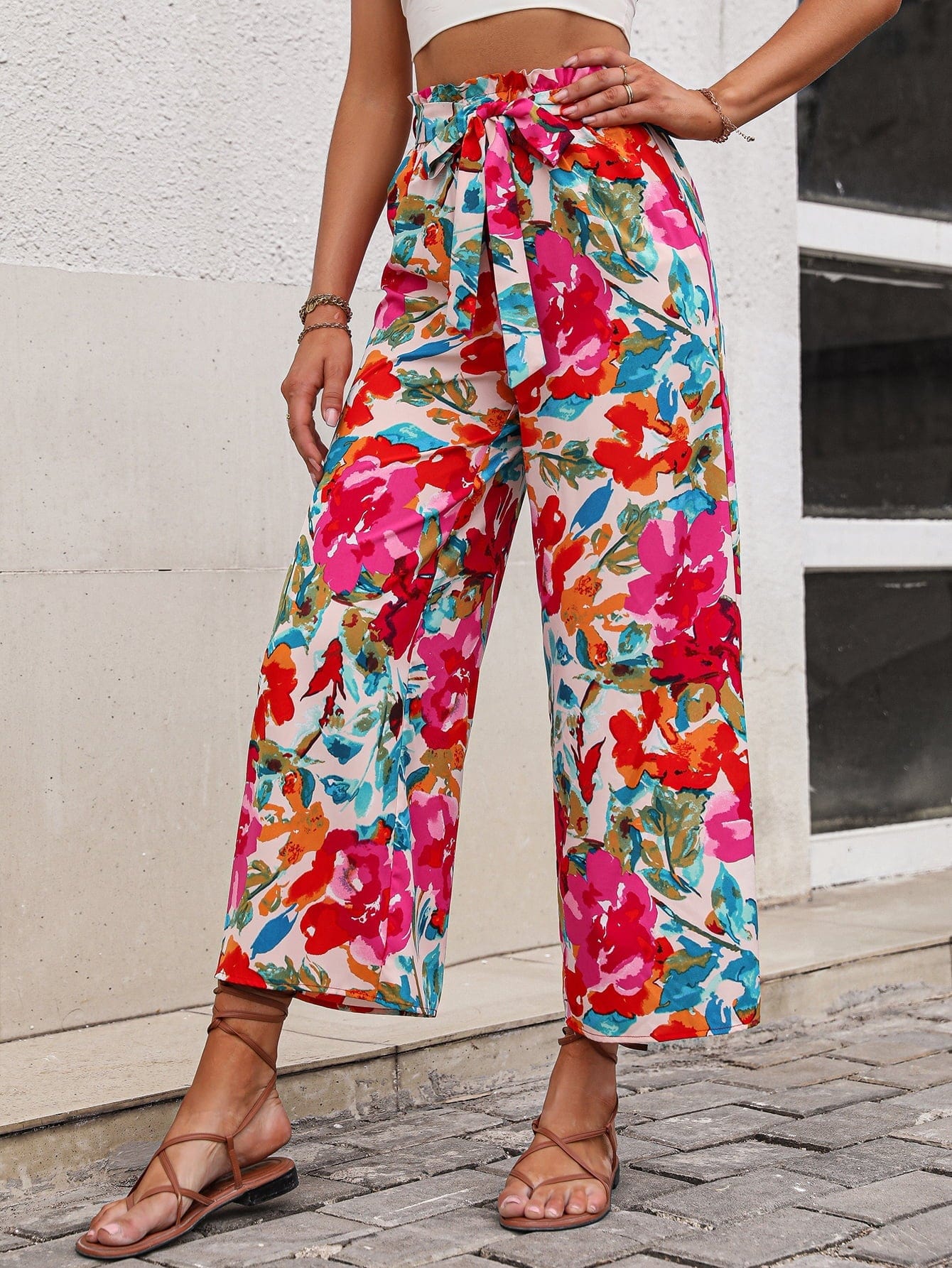 Floral Tie Belt Wide Leg Pants MS231013006675FS Multicolor / S