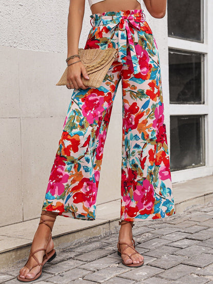 Floral Tie Belt Wide Leg Pants