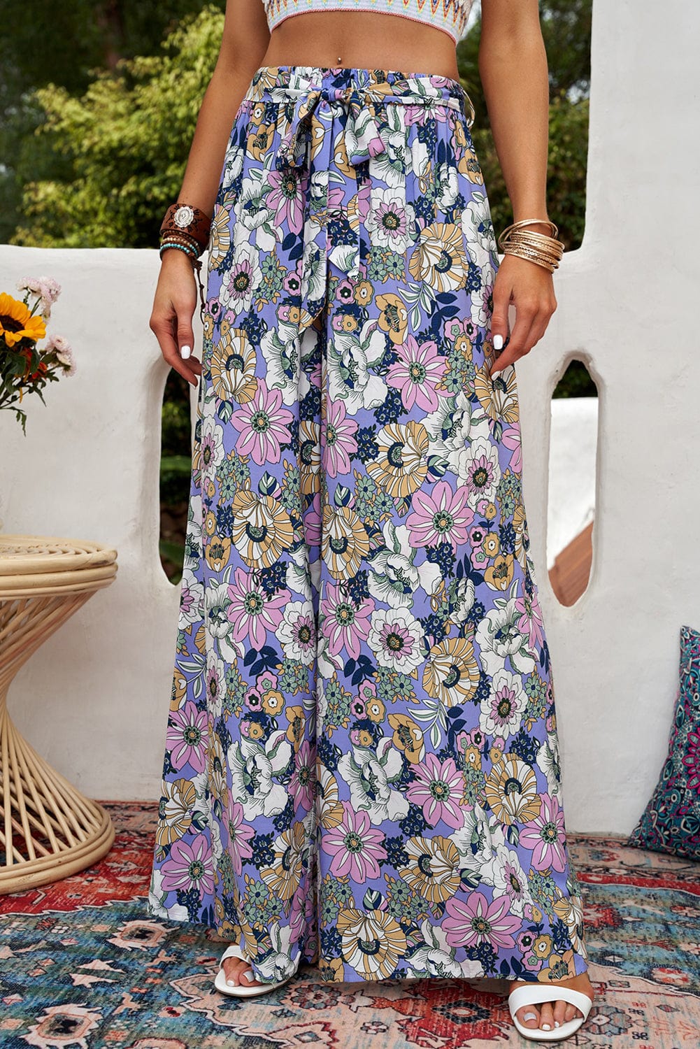 Floral Tie Belt Wide Leg Pants MS231013001749FM Purple / M