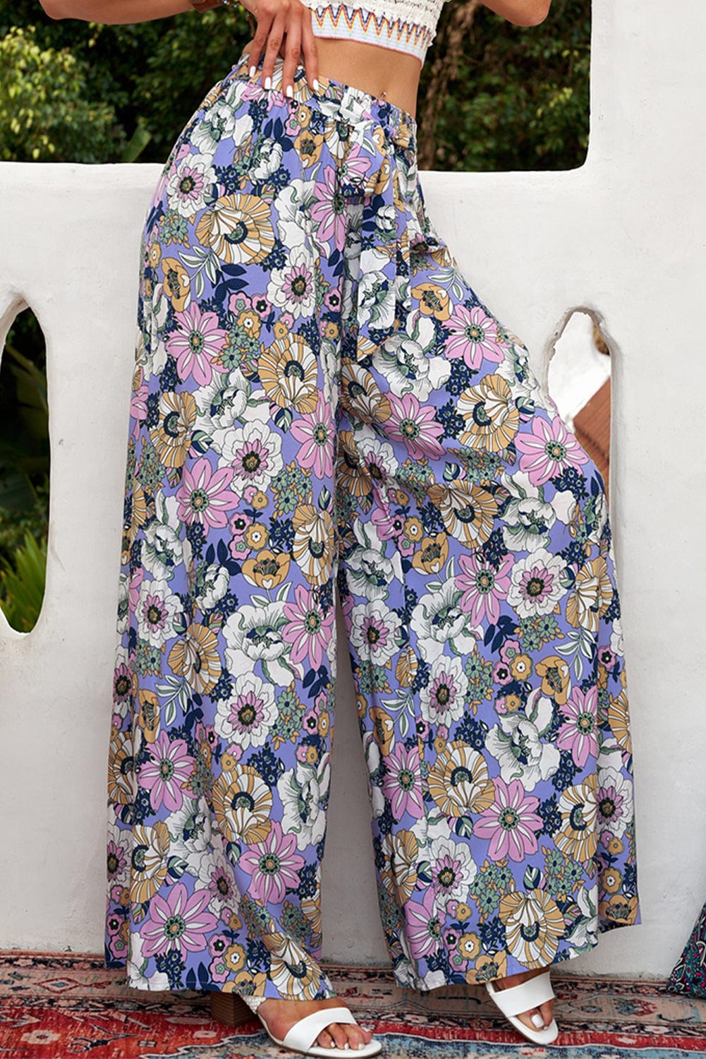 Floral Tie Belt Wide Leg Pants