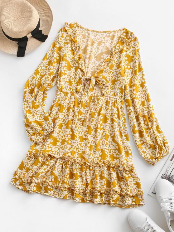Floral Tie Front Ruffles Long Sleeve Dress DRE210303455YELS Yellow / S