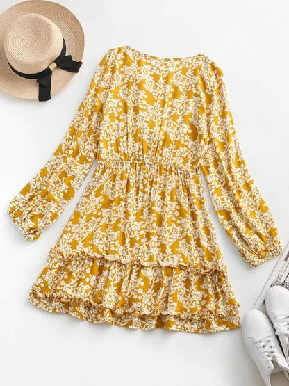 Floral Tie Front Ruffles Long Sleeve Dress