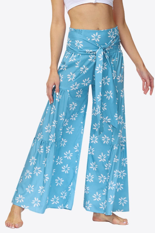 Floral Tie-Waist Tiered Culottes MS231013003952FS Sky Blue / S