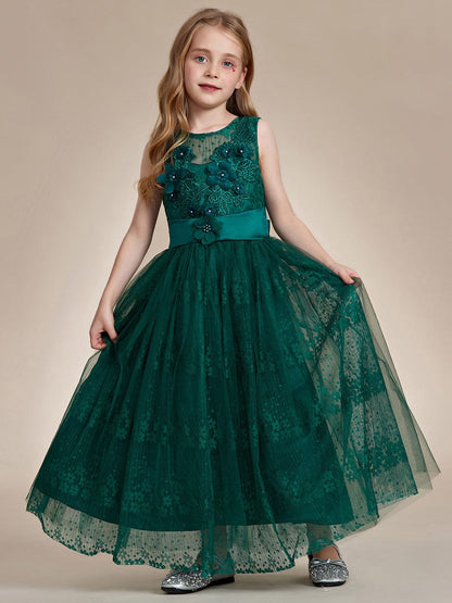 Floral Tulle Applique Princess Flower Girl Dress With Satin Back DRE230912B0401DGV120 DarkGreen / 120