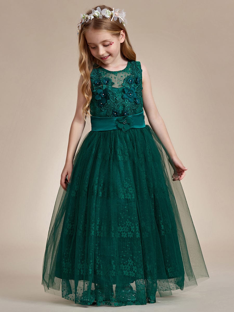 Floral Tulle Applique Princess Flower Girl Dress With Satin Back