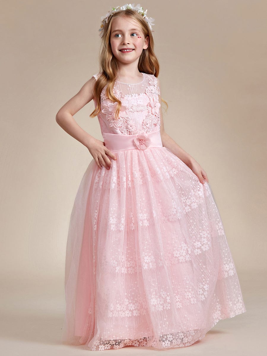 Floral Tulle Applique Princess Flower Girl Dress With Satin Back