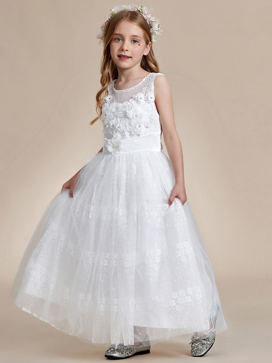 Floral Tulle Applique Princess Flower Girl Dress With Satin Back