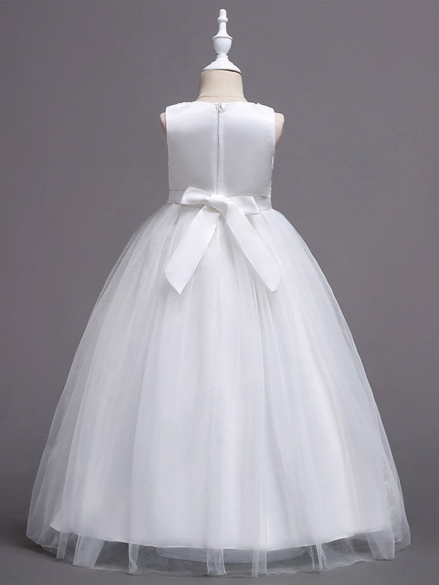 Floral Tulle Applique Princess Flower Girl Dress With Satin Back